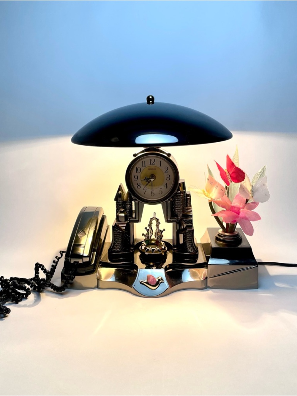 Vintage Postmodern Desktop Station Lamp Phone Clock Fiber Optic Butterflies 80s